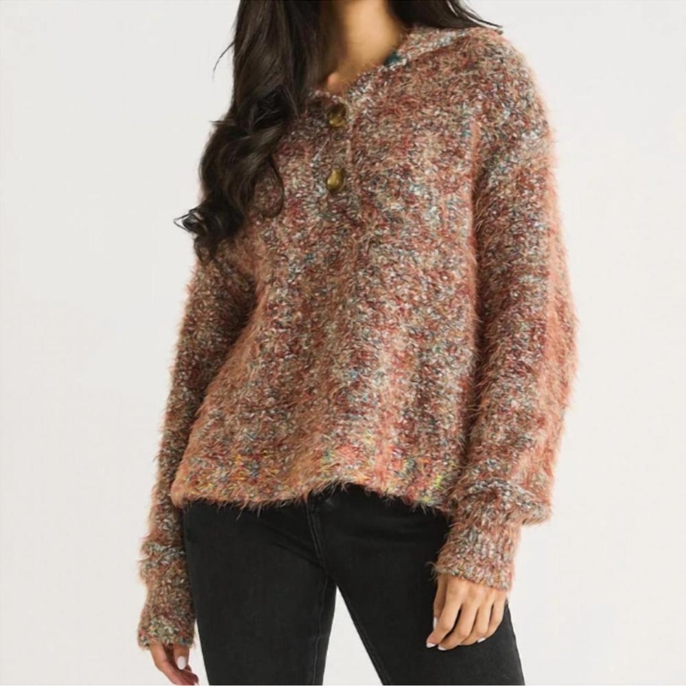 Free People Women's Stellar Collared Textured Fuzzy Sweater Size‎  Medium Boho